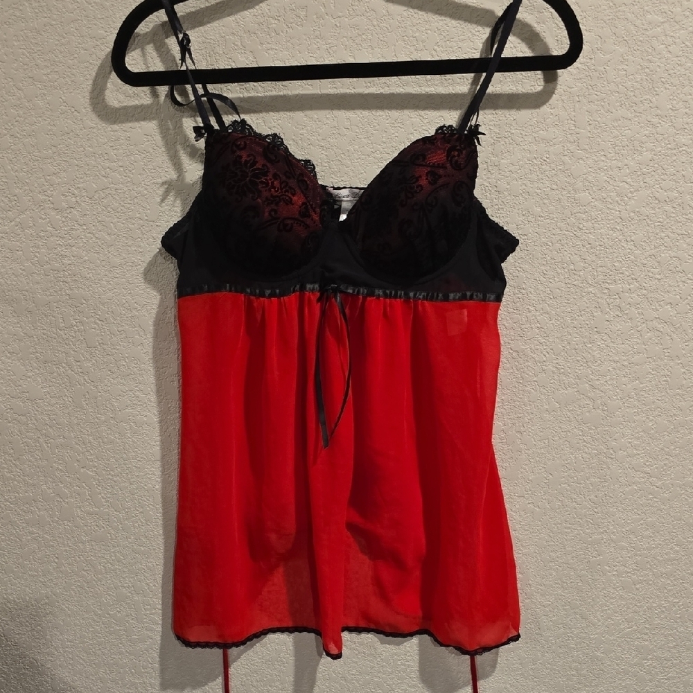 Linea Donatella Red & Black Flocked Lace Babydoll Chemise (L)